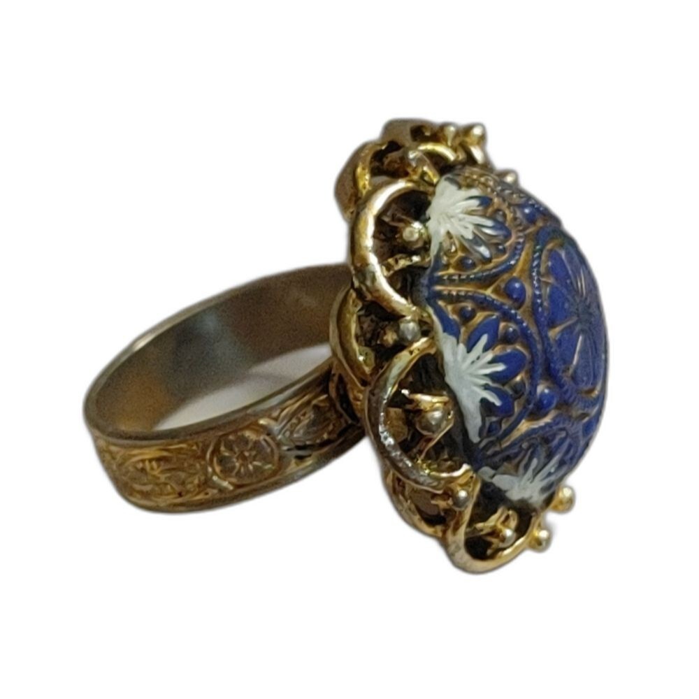 60s 70s Vintage Blue Enamel Statement Ring Adjustable Brass Filigree